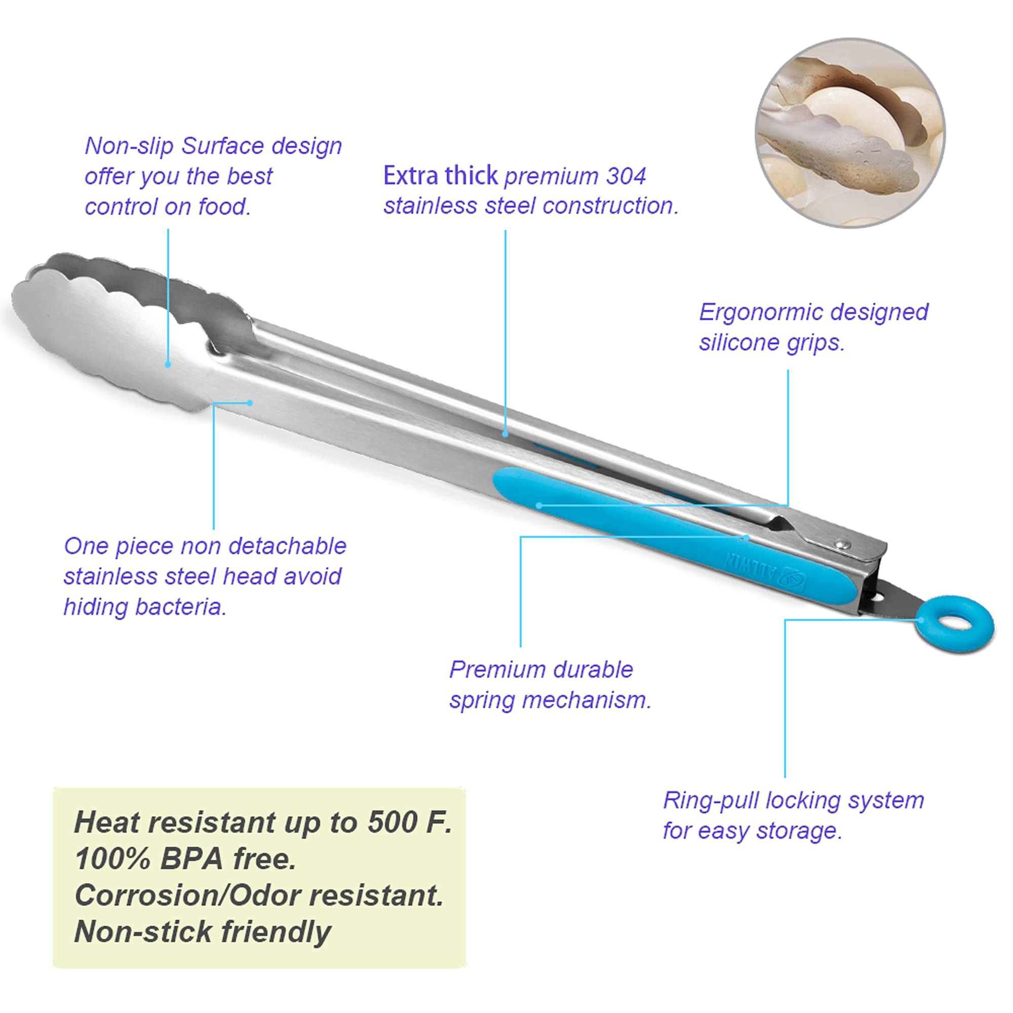 Premium 304 Stainless Steel Tongs Set – 12" Grill Tongs & 9" Cooking Tongs, Heat Resistant up to 600°F, Wavy Grip Head, Non‑Slip Handle with Locking Clip & Hanging Loop, Dishwasher Safe, Blue