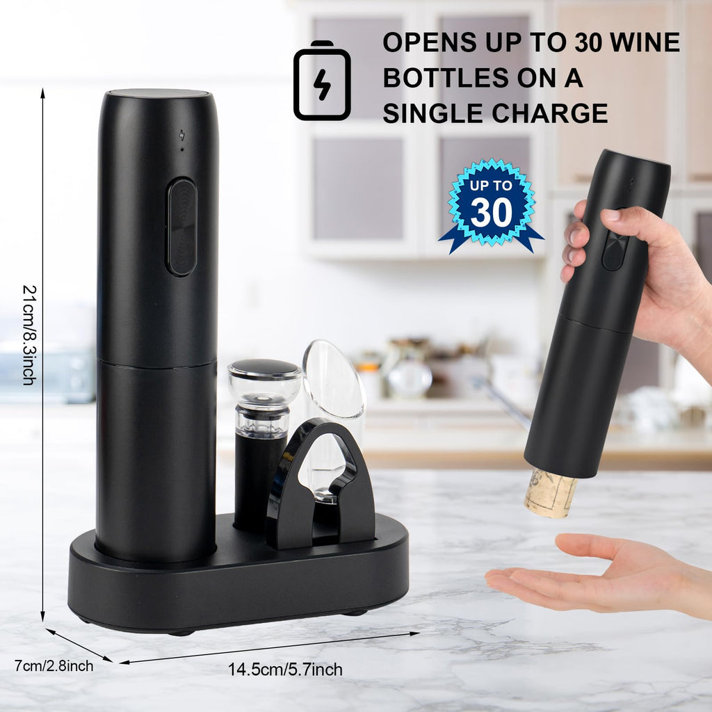 Electric Wine Opener Set with Charging Base, Rechargeable Automatic Corkscrew Bottle Opener with Pour, Preserver Vacuum Stopper, Foil Cutter, USB Charging Cable