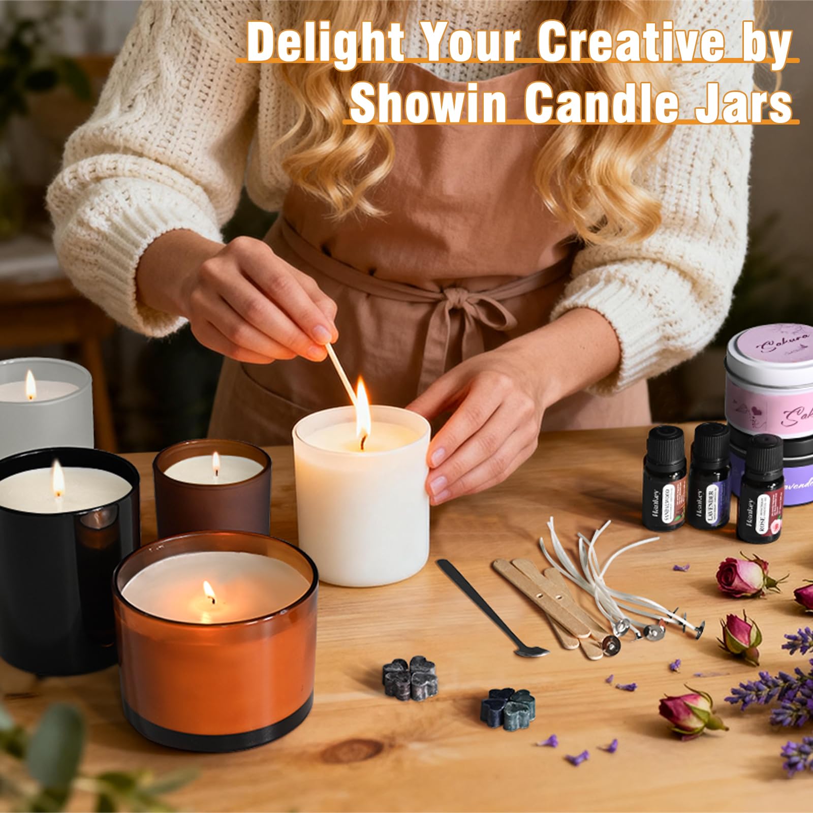 SHOWIN 12 OZ Thick Candle Jars for Making Candles 12 Pcs, Empty Jars with Wood Lids for Spice Jars, Sample Container, Matte White