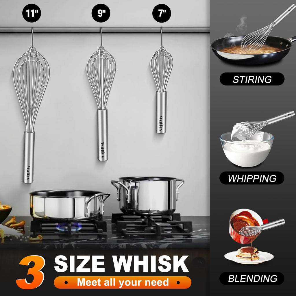 Walfos Whisk,304 Stainless Steel whisk,No-Rust 7+9+11inch Whisks for cooking Nice for Blending,Whisking,Beating.Heat resistant 600°F Dishwasher Safe. Heavy duty kitchen whisk.SILVER