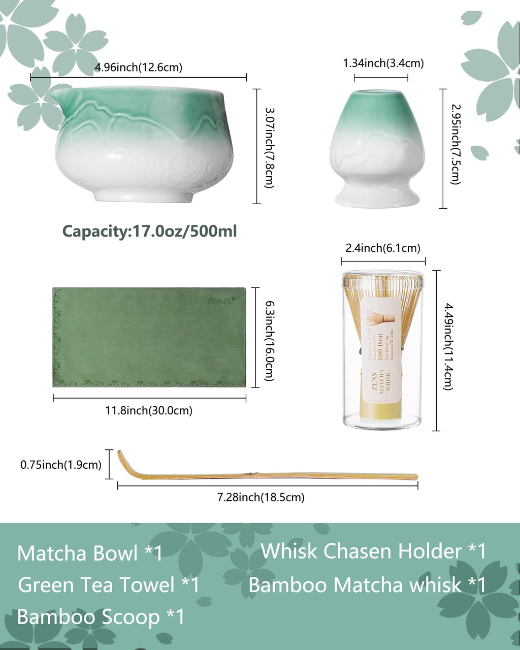 ZENS Matcha Whisk Set, 5pcs Matcha Kit Set Includes Ceramic Bowl, Bamboo Whisk and Chasen Holder, Scoop & Tea Mat for Matcha Ceremony, Blue