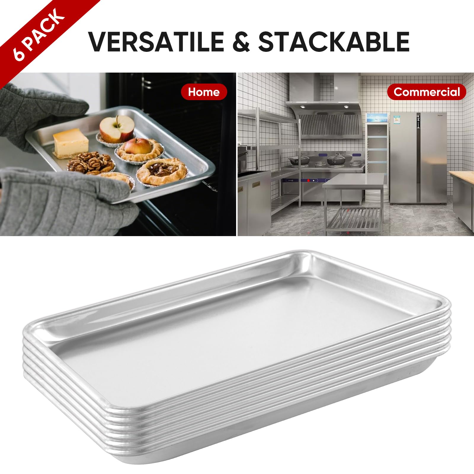 TENUP 6 Pack Aluminum Quarter Sheet Pan, 13" x 9" Heavy Duty Commercial Baking Tray Reinforced Rim, Warp-Resistant Rust-Free