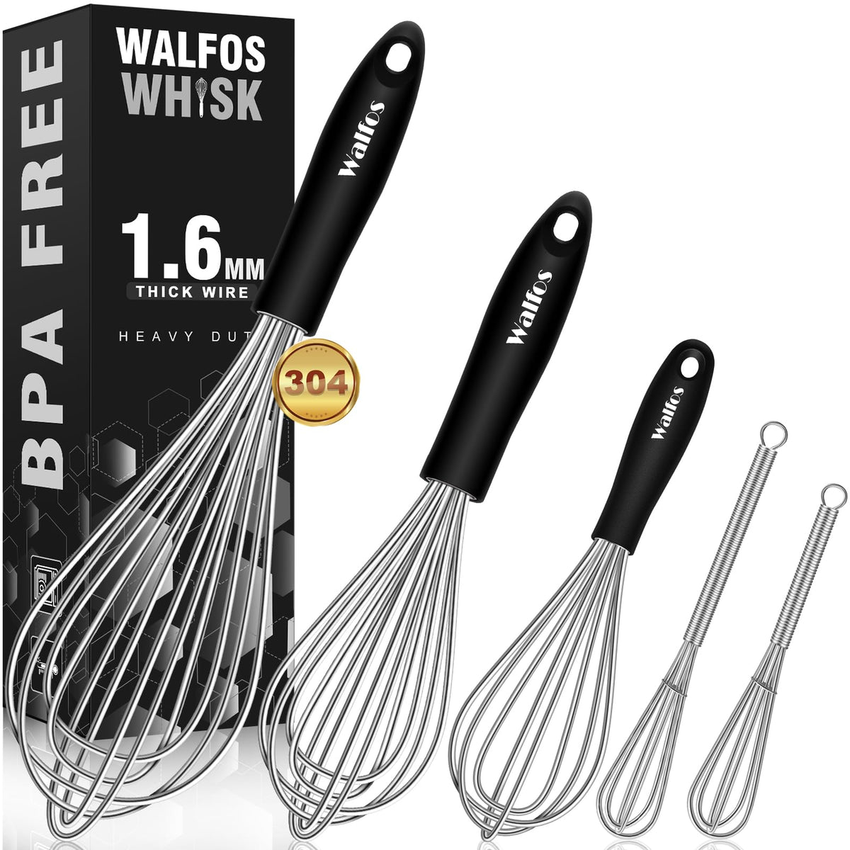Walfos Whisks Large Whisk Set of 2, Heavy Duty Stainless Steel Wire Whisk Ideal For Beating Eggs, Mixing Batter & Blending Sauces.（13in+17in)