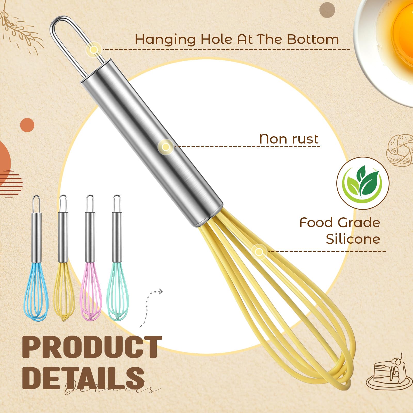 Baderke 12 Pcs 6 Inch Mini Whisks Bulk with Stainless Steel Handles Small Silicone Kitchen Whisks Non Stick Tiny Balloon Wire Whisk for Mixing Stirring Baking Cooking Party Favor Gift(Macaron)