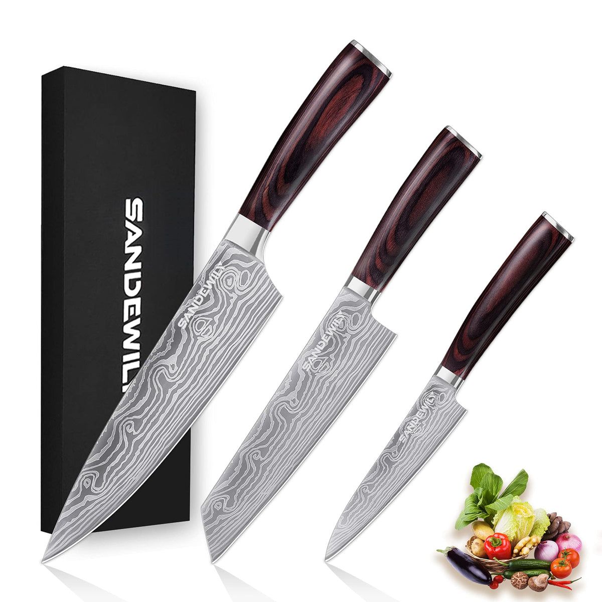 SANDEWILY Japanese Knife Set, 3 Piece Kitchen Knives with Sheaths