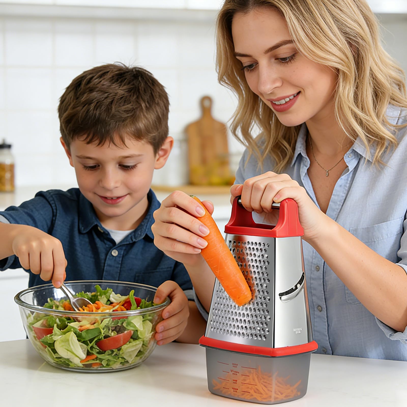 Ourokhome Cheese Grater with Handle, Stainless Steel Box Grater, 4 Side Kitchen Vegetable Shredder Slicer Zester with Container for Parmesan, Cabbage, Ginger, Lemon, Chocolate, Coconut (Red)