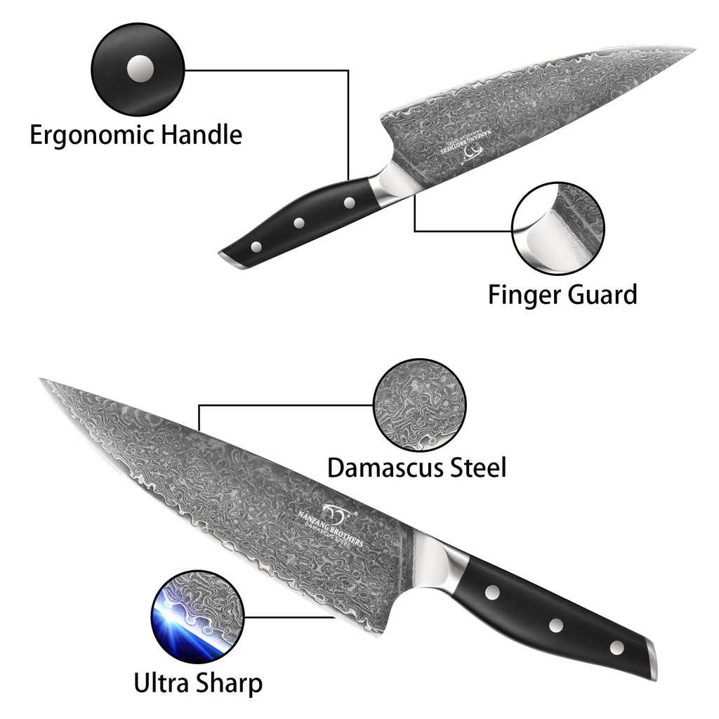 Damascus Knife Set with Block for Kitchen, VG10 Steel Chef Knife Set with Triple-Rivet Handles, Knife Sharpener, Natural Ash Wooden Knife Block, 10PCS
