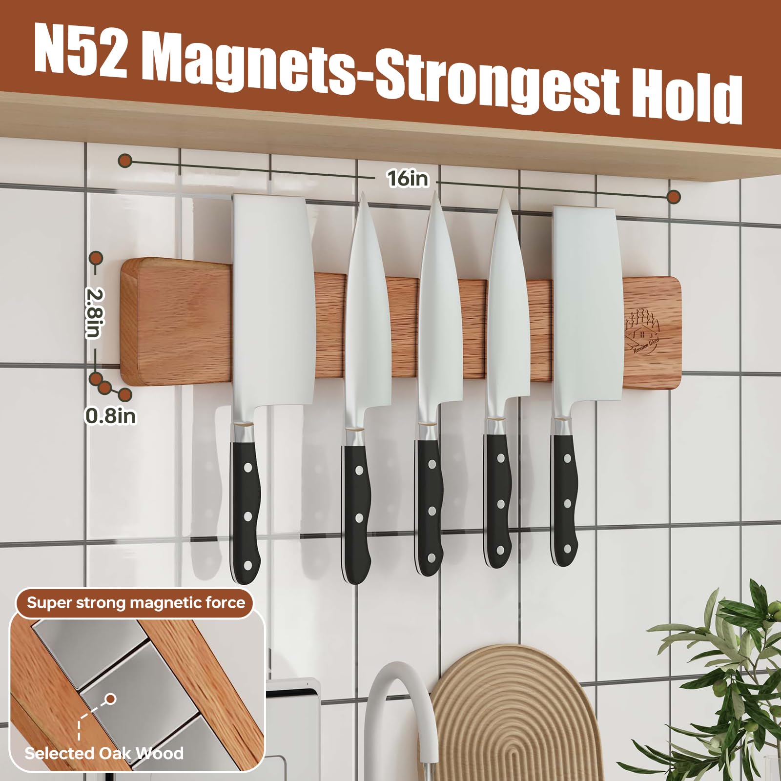 KORELION WOOD Magnetic Knife Strip, 16 Inch Oak Magnetic Knife Holder for Wall with N52 Super Strong Magnets, Premium Wooden Knife Magnetic Strip Organizer for Kitchen Knives, Tools,No Drilling