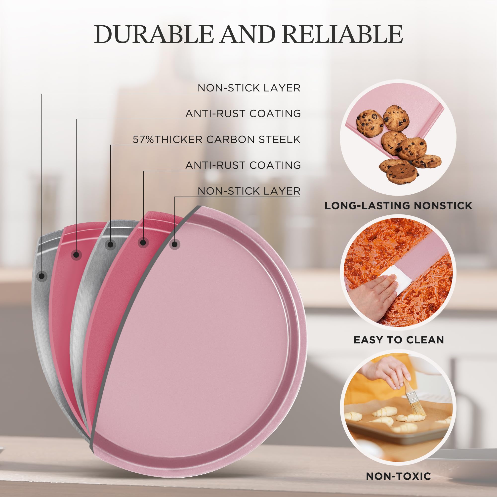 KITESSENSU Baking Pans Sets, Nonstick Bakeware Sets 19-Piece with Round/Square Cake Pan, Loaf Pan, Muffin Pan, Cookie Sheet, Roast Pan, Cooling Rack, Carbon Steel Bake Set Pink