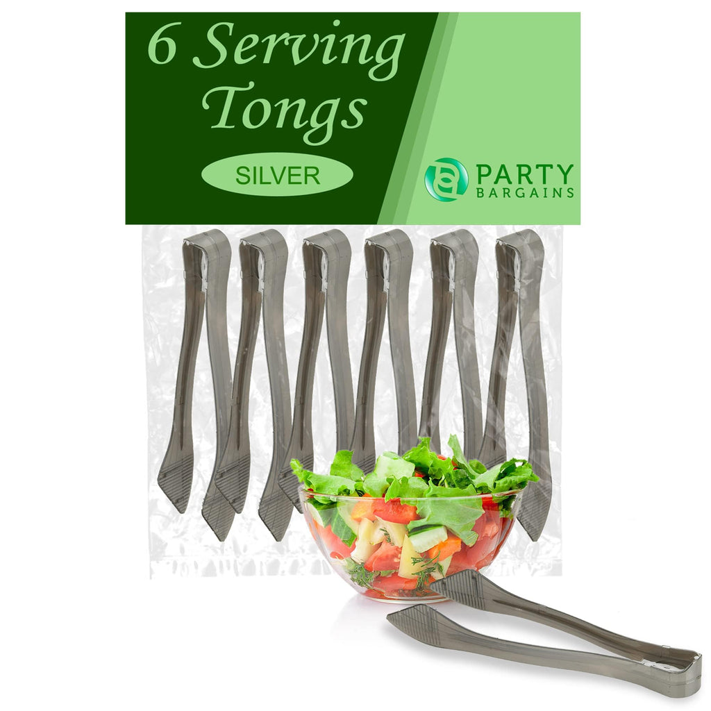 PARTY BARGAINS 8.5″ Silver Plastic Serving Tongs 6-Pack – Heavy-Duty Disposable & Reusable Kitchen Tongs for Parties BBQ Buffet Salad Appetizers Catering