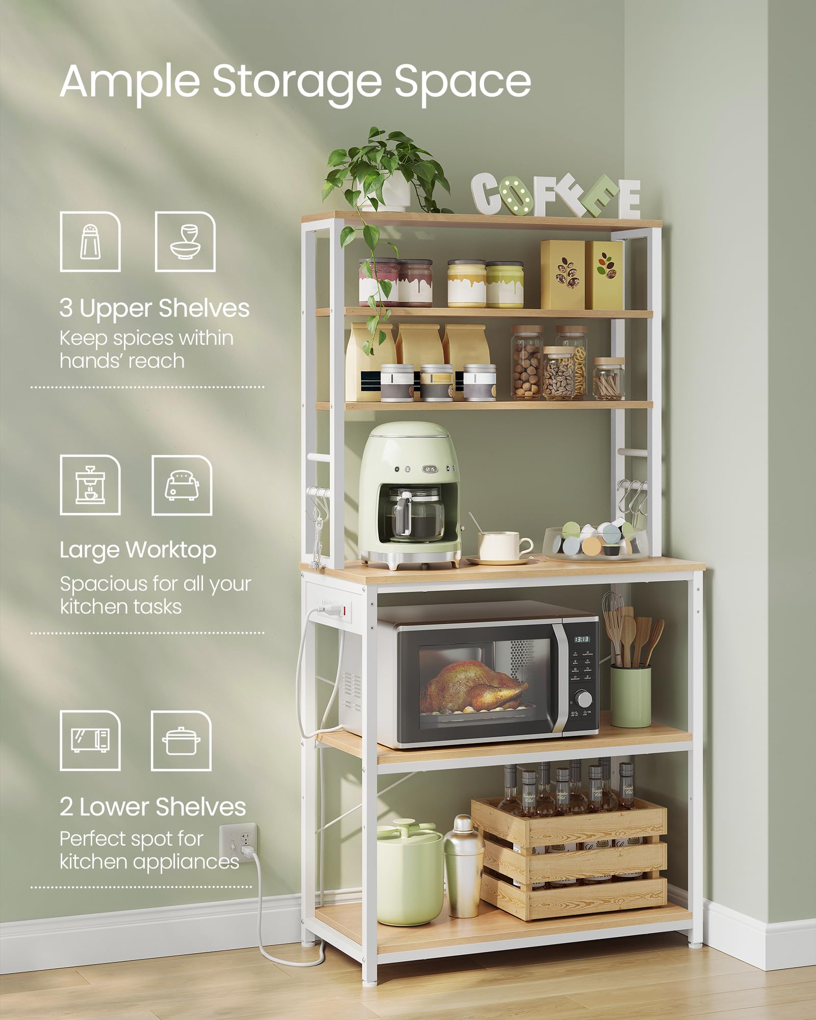 VASAGLE Bakers Rack with Power Outlet, 31.5 Inches Coffee Bar for Kitchen with Storage, 6-Tier Kitchen Shelves with 6 Hooks, Microwave Stand, Modern, Golden Oak and Cloud White UKKS119Y01