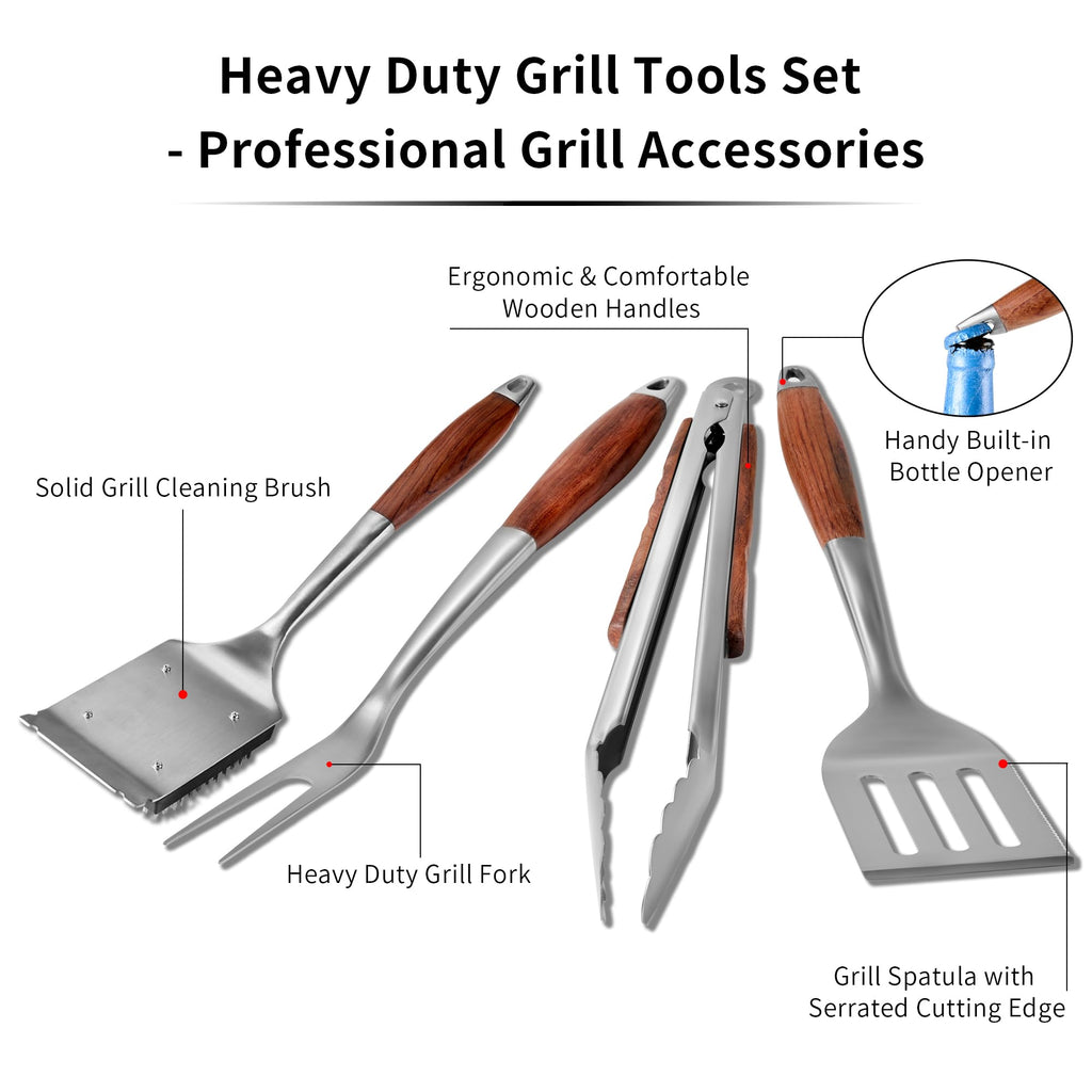 FJNATINH Heavy-Duty Grilling Accessories Rose Wooden BBQ Grilling Tools Set,Outdoor Grill Set with Spatula, Fork & Tongs,Essential Accessories for Barbecue & Grill. Ideal Gift for Men