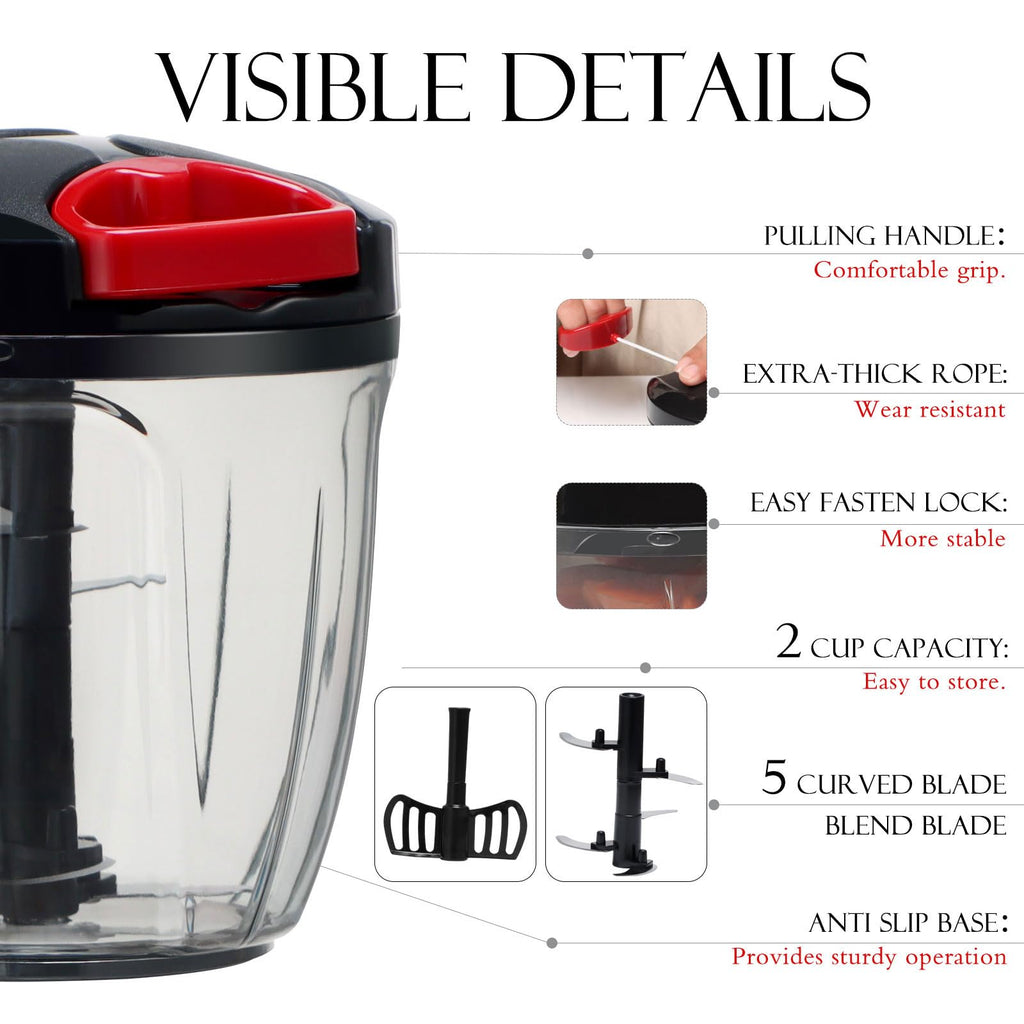 Ourokhome Manual Food Processor Vegetable Chopper, Portable Hand Pull String Garlic Mincer Onion Cutter for Veggies, Ginger, Fruits, Nuts, Herbs, etc., 900ml, Black