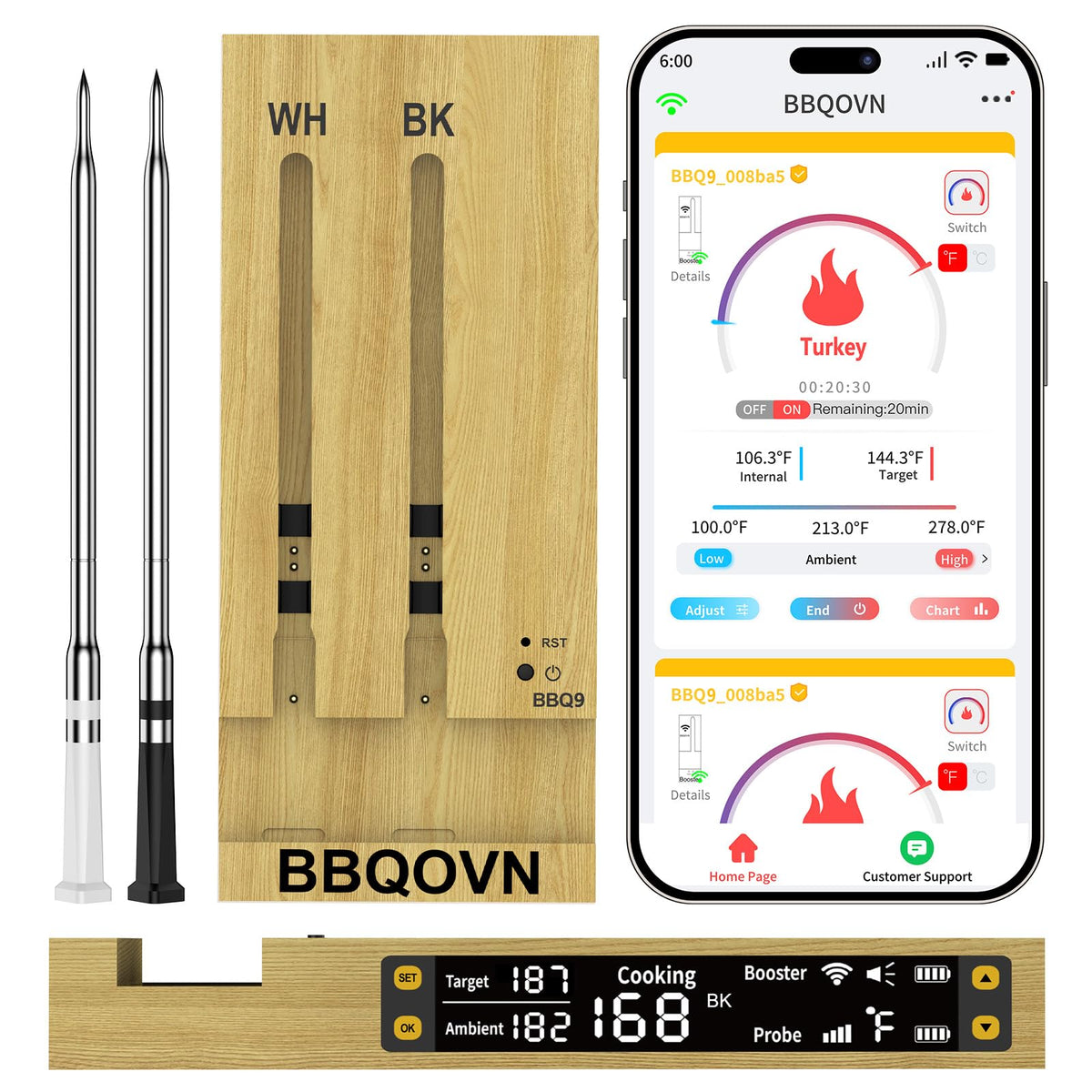 WiFi Sub-1G Wireless Meat Thermometer Unlimited Range 7 NIST Certified Sensors with Ambient Temp 2 Temp Monitoring Ways Digital Smart Base and App for BBQ, Smoker, Grill, Oven