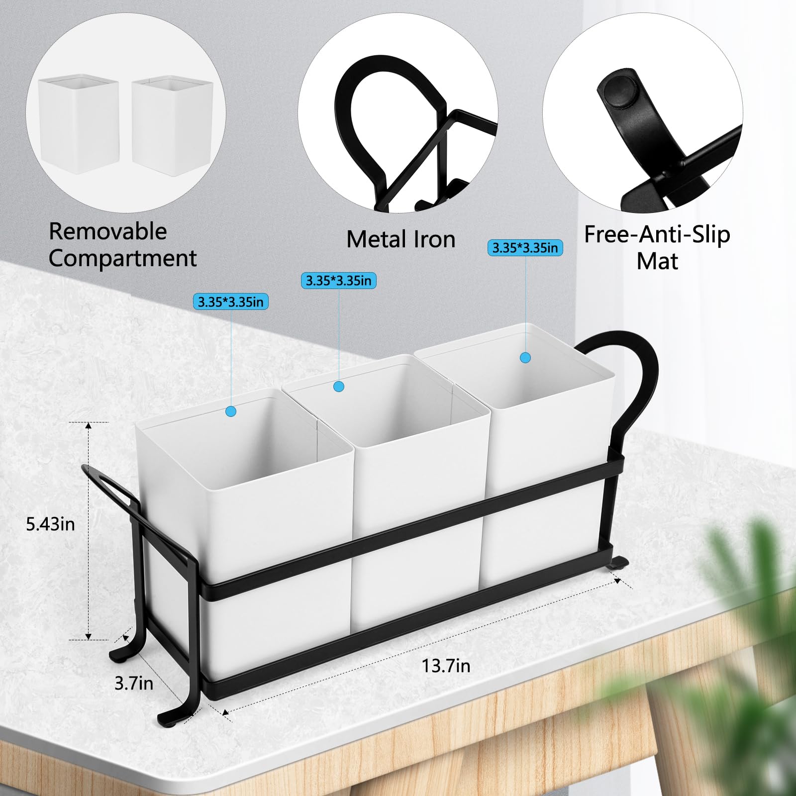 NelyBet Utensil Holder Silverware Caddy for Party Countertop, 3pcs Bins Set Silverware Caddy Organizer Holders for Spoon and Fork, White and Black