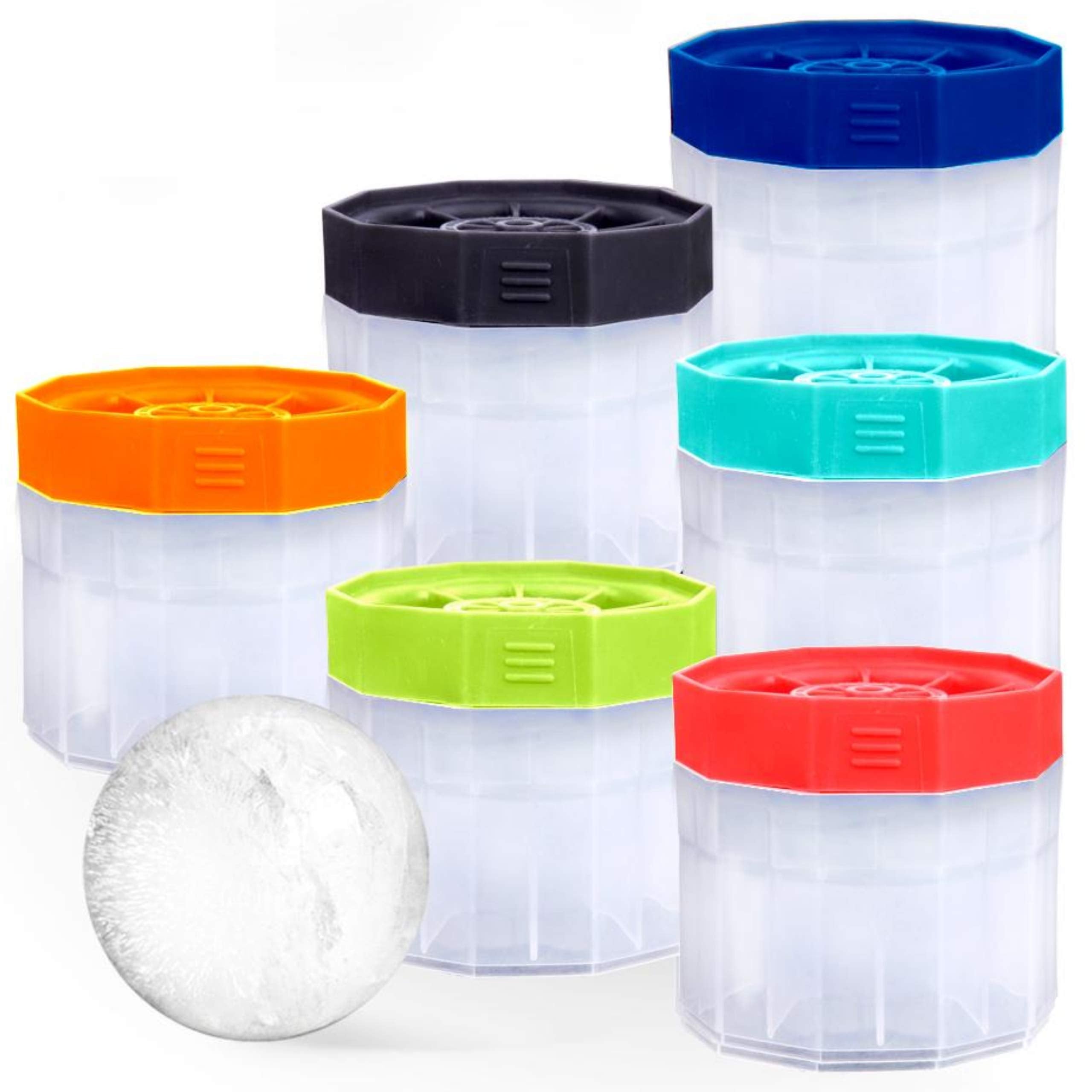 PREMIUM Ice Ball Molds, Round 2.5 Inch Ice Spheres. Stackable Slow Melting Round Ice Cube Maker for Whiskey and Bourbon (6, Multi)