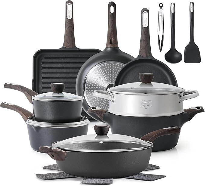SENSARTE Pots and Pans Set Nonstick, 20 Pcs Induction Cookware Sets, Non-toxic Healthy Non Stick Kitchen Cooking Set with Stay-Cool Handles, PFOA PFOS Free