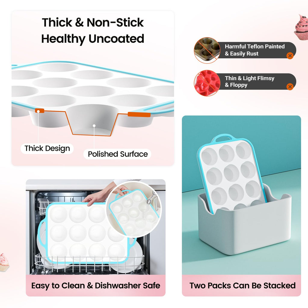 Fimary Silicone Muffin Pans for Baking 2 Pack, 2.6 Inch with Metal Reinforced Frame, Regular Size Nonstick Cupcake Pan 12 Cups for Baking Homemade Muffins, Dishwasher Safe BPA Free-Blue