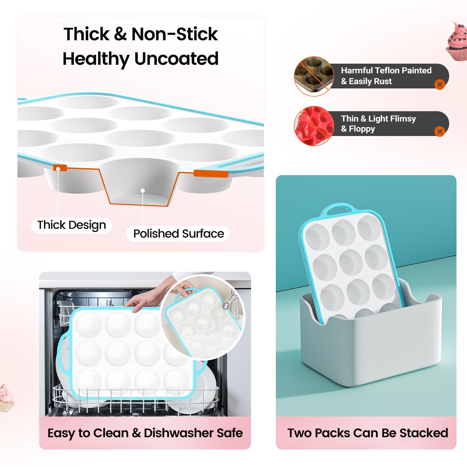 Fimary Silicone Muffin Pans for Baking 2 Pack, 2.6 Inch with Metal Reinforced Frame, Regular Size Nonstick Cupcake Pan 12 Cups for Baking Homemade Muffins, Dishwasher Safe BPA Free-Blue