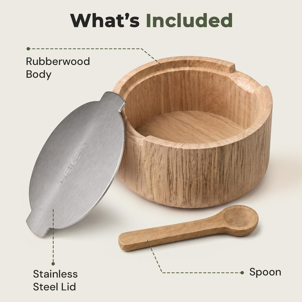 Wooden Salt Cellar with Stainless Steel Lid - 6 Oz Flaky Salt Container