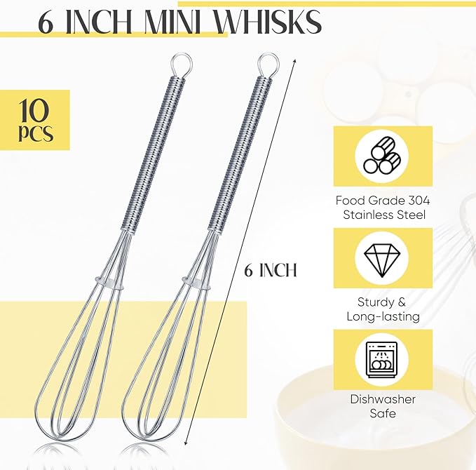 Baderke 10 Pcs Mini Whisk Bulk Small Whisks for Cooking 304 Stainless Steel Tiny Whisk for Baking, Whipping, Beating Eggs, Mixing Sauces, Blending Ingredients (6 Inch)
