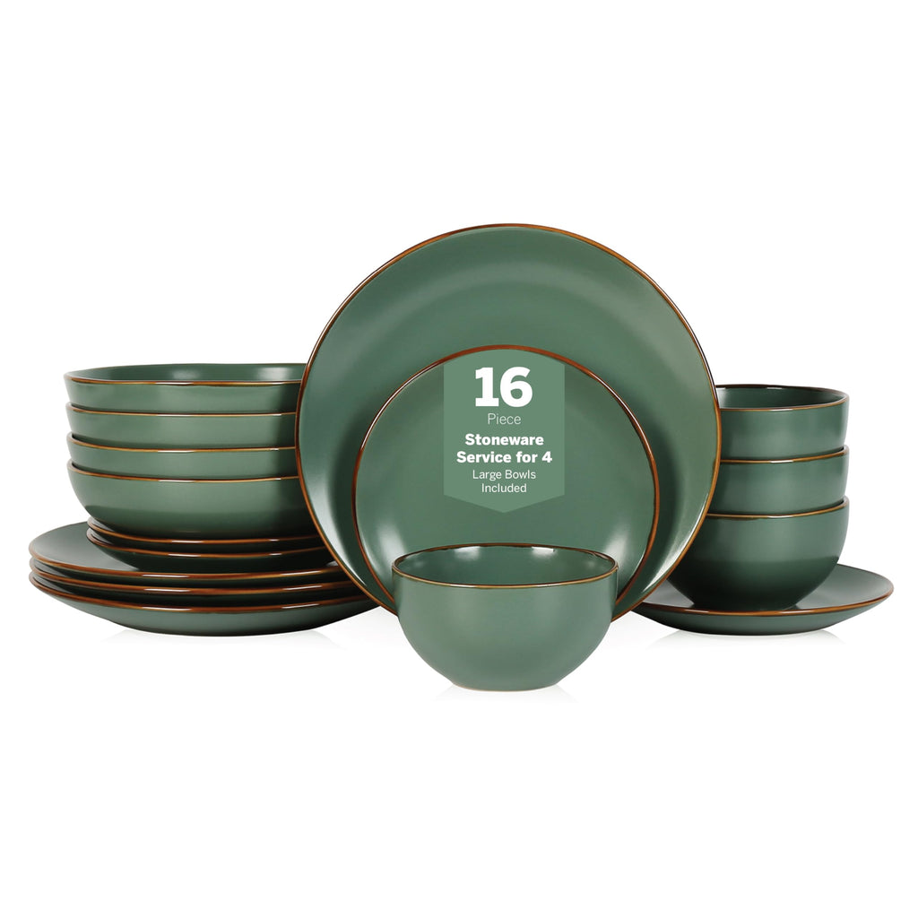 Stone Lain Brasa Stoneware 16 Piece Modern Dinnerware Set, Plates and Bowls, Service for 4, Black, Microwave & Dishwasher Safe