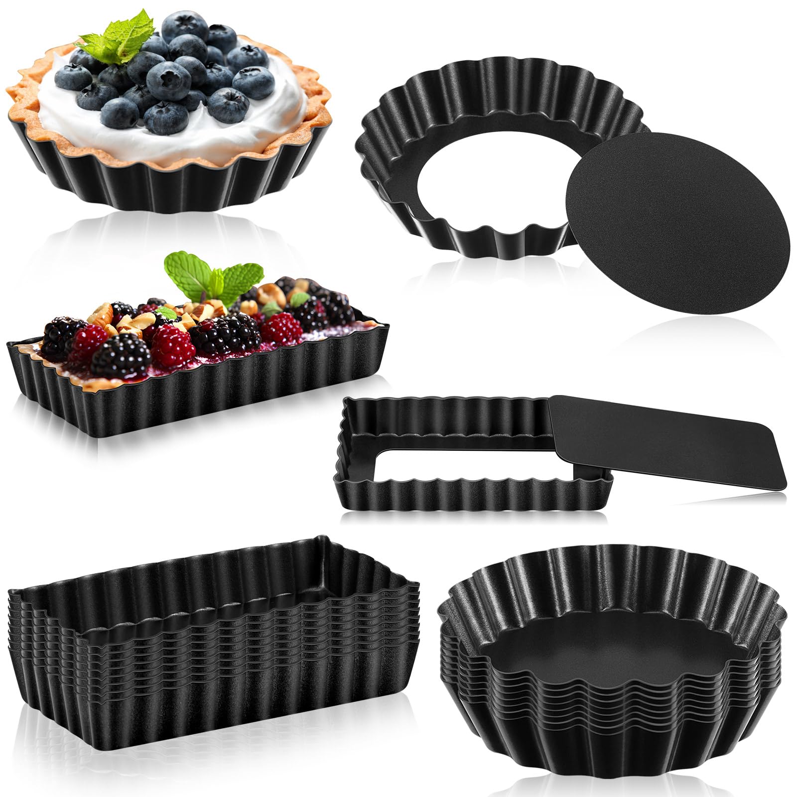Tessco 16 Pieces Mini Tart Pans with Removable Bottom Nonstick Quiche Mini Pie Tart Pans Bakeware Mold Fluted Side for Pies(Black Round and Rectangle,4 Inch and 4.33 x 2.36 x 0.79 Inch)