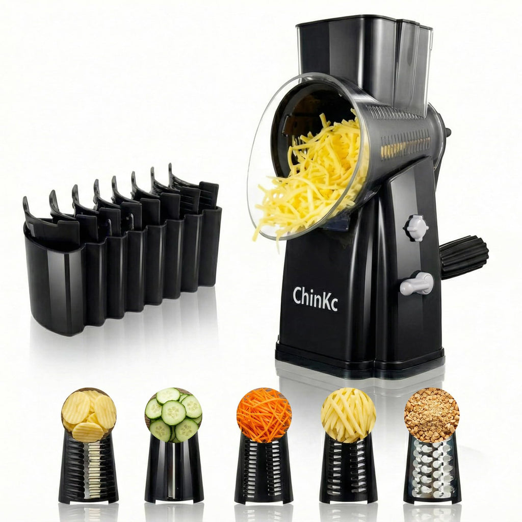 ChinKc Upgrade Rotary Cheese Grater Shredder with Handle, Strong Suction Base, Multi-purpose Rotary Grater Slicer with 5 Interchangeable Blades for Ice, Vegetables, Fruit, Nuts with Blade Storage Box