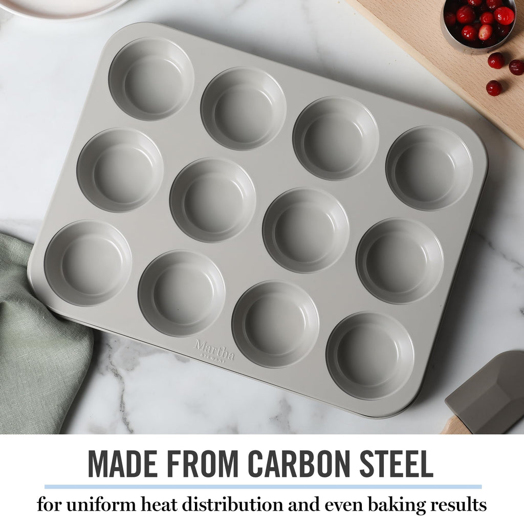 Martha Stewart Gallen 12 Cup Nonstick Carbon Steel Muffin and Cupcake Pan – Cool Grey, Durable Bakeware for Even Baking and Easy Release