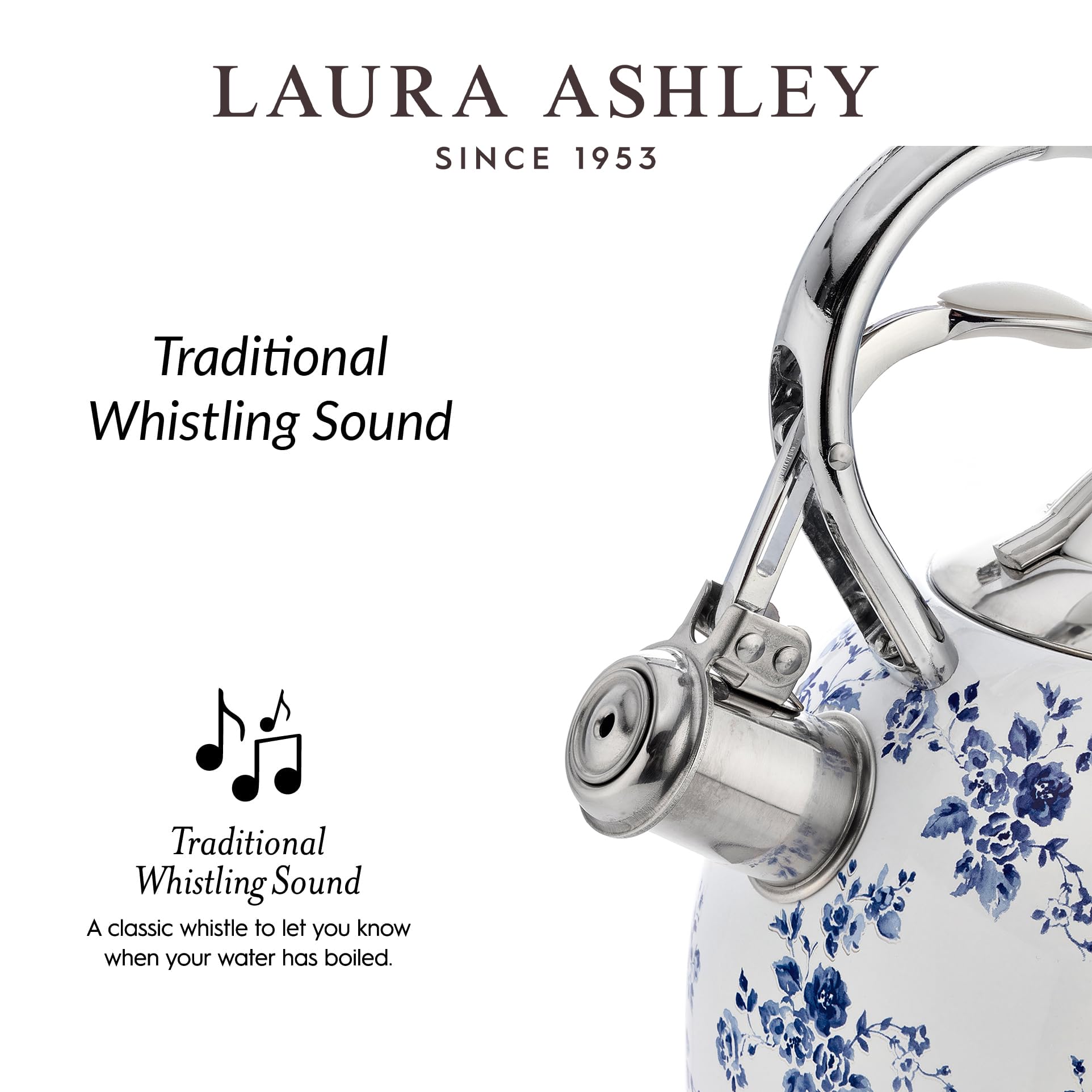 Laura Ashley China Rose Stovetop Kettle with Whistle - 2.5L Fast Boil Stainless Steel Kettle Stove Top - Silicon Coated Cool Handle Camping Kettle for Gas, Induction Hob - Compatible with Aga Stove