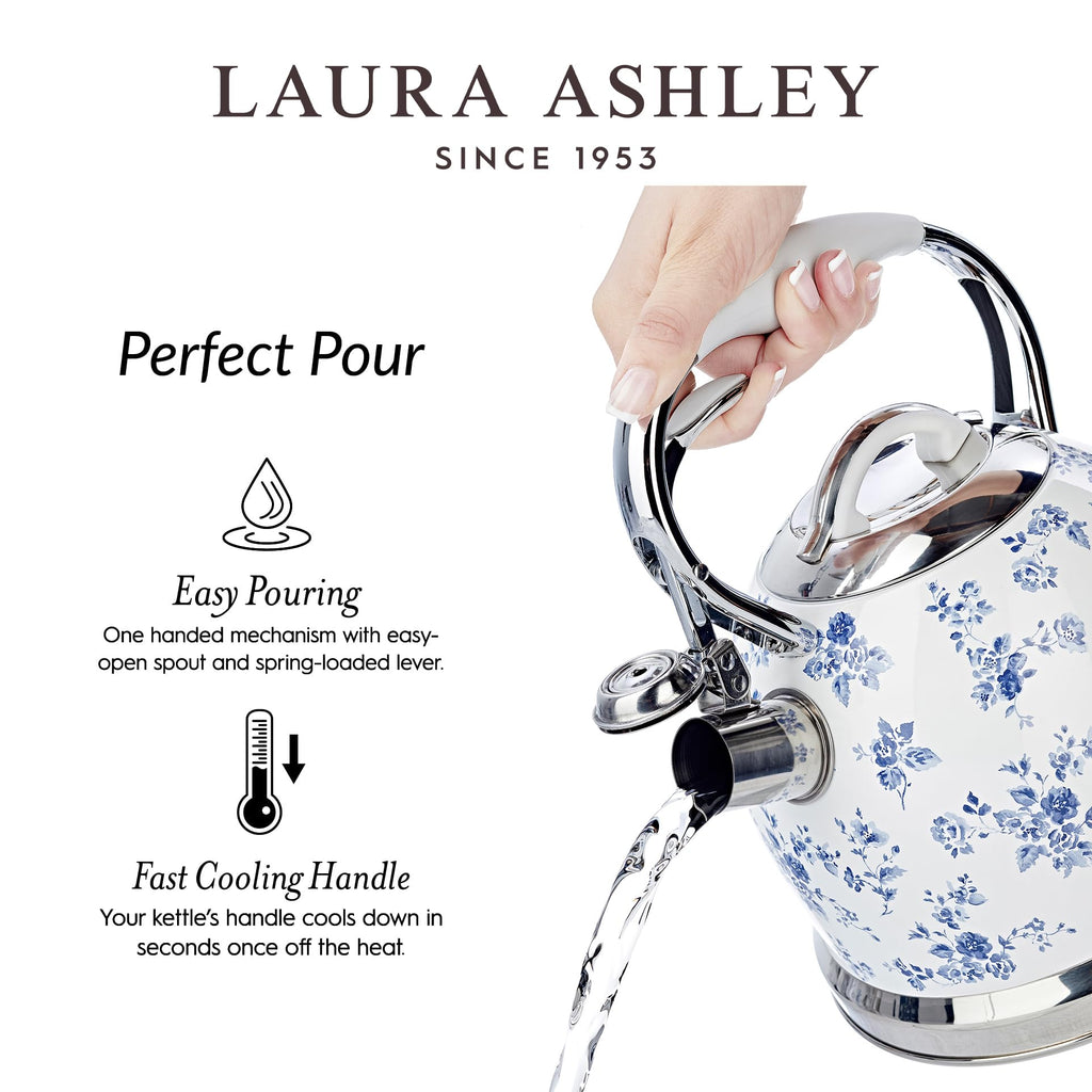 Laura Ashley China Rose Stovetop Kettle with Whistle - 2.5L Fast Boil Stainless Steel Kettle Stove Top - Silicon Coated Cool Handle Camping Kettle for Gas, Induction Hob - Compatible with Aga Stove