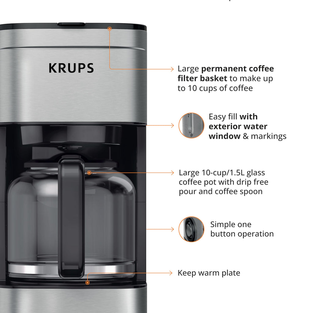 KRUPS Coffee Maker 10 Cups Simply Brew Stainless Steel Drip Coffee Maker, 900 Watts Coffee Filter, Drip Free, Dishwasher Safe Pot, Black & Silver