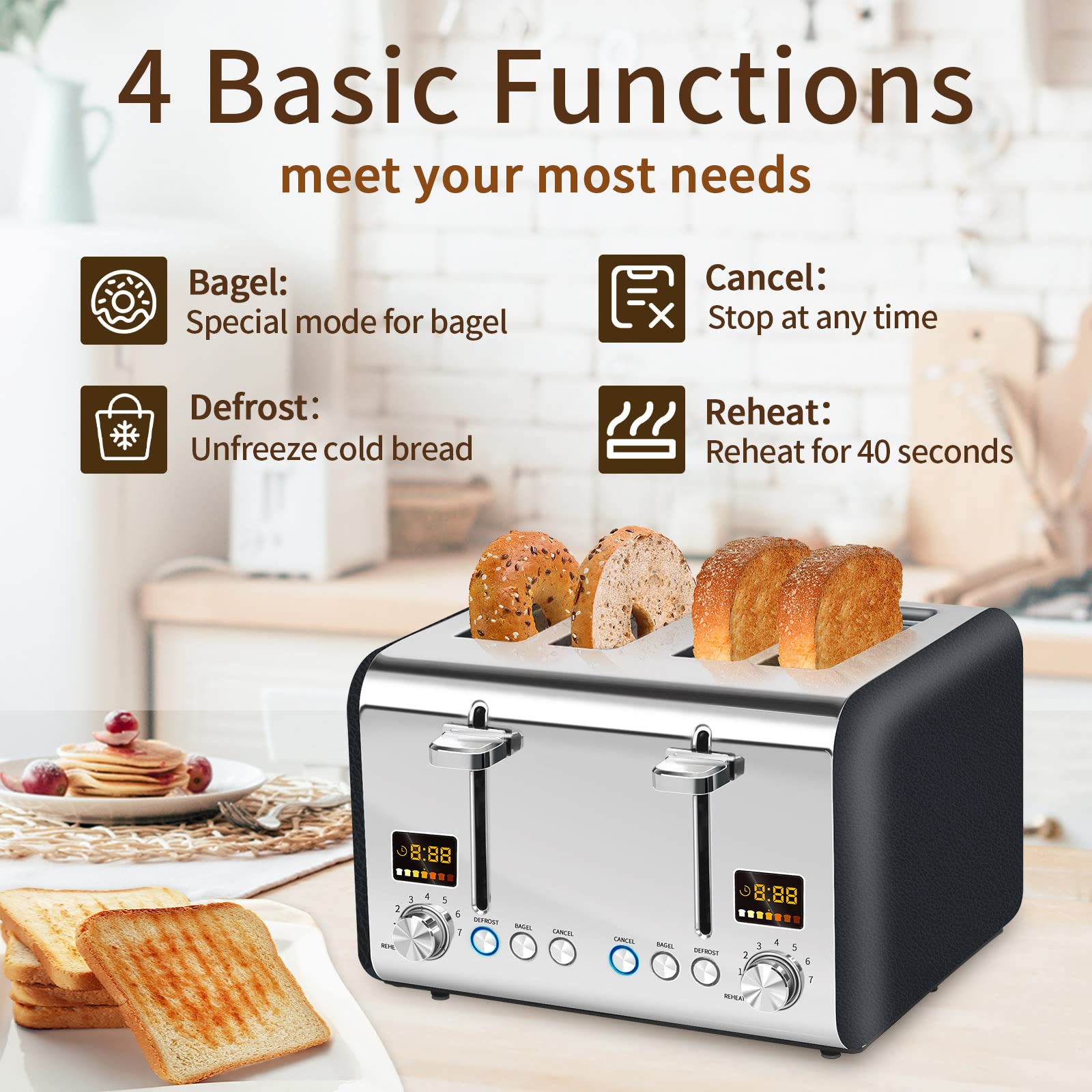 SEEDEEM 4 Slice Stainless Steel Toaster, LCD Display, Wide Slots