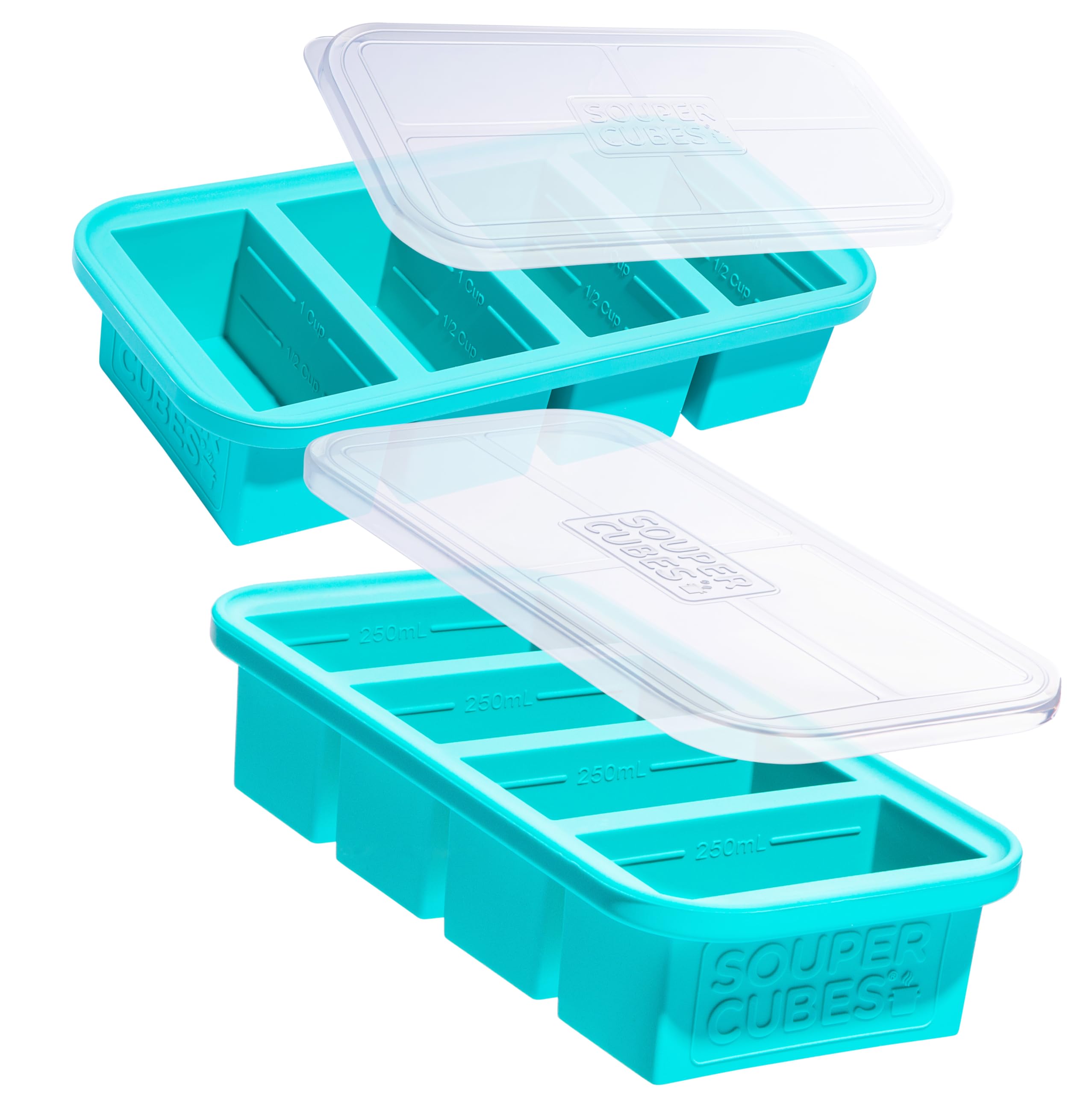 Souper Cubes 1 Cup Silicone Freezer Molds with Lids, Aqua, 2-Pack