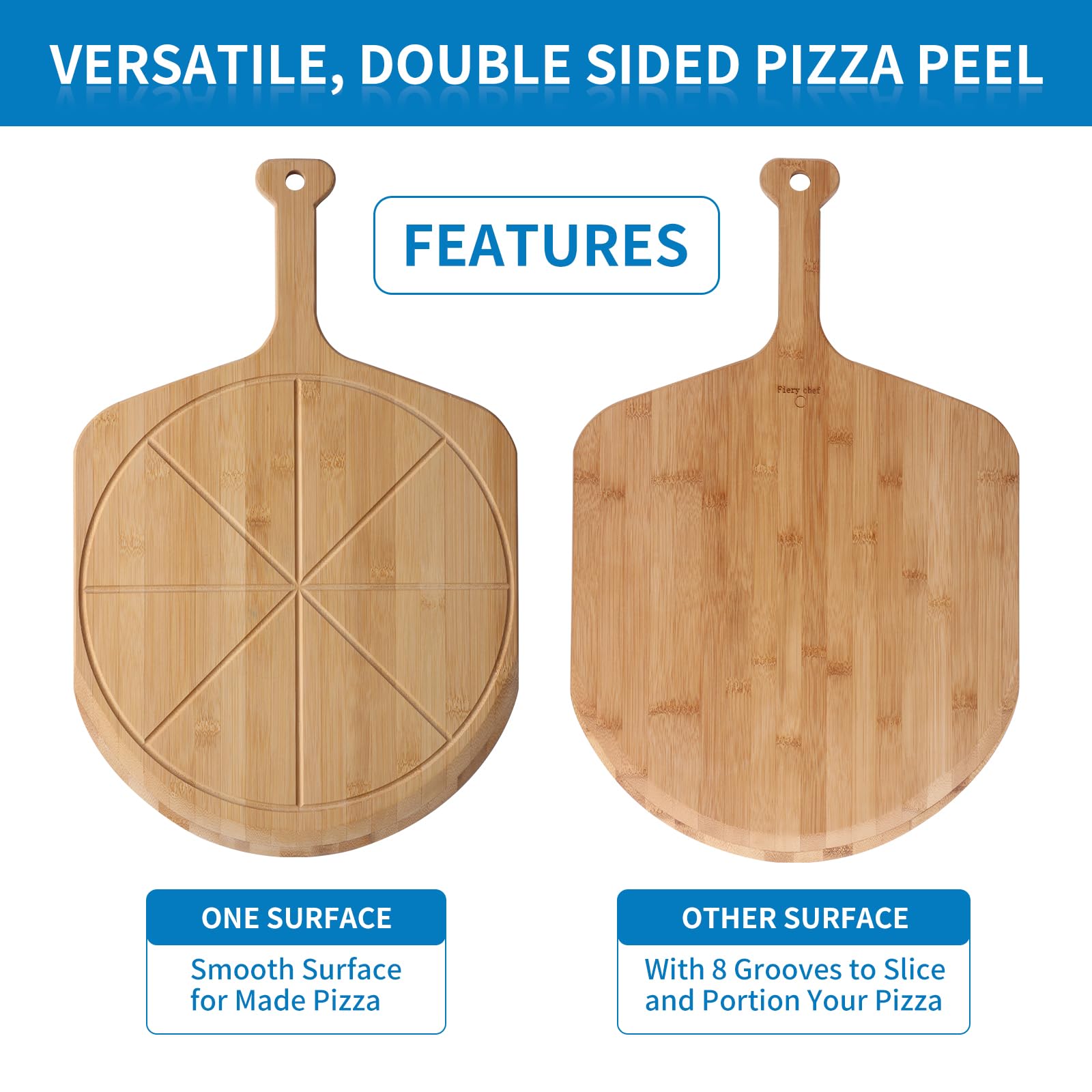 Fiery Chef 16" Bamboo Pizza Peel with 8 Slice Grooves, 23.6" x 16"