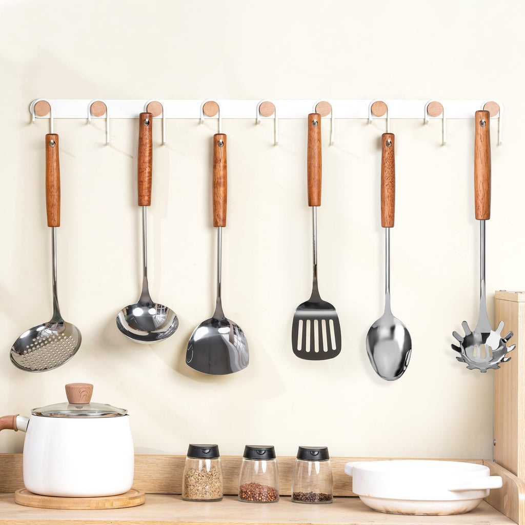 FJNATINH Stainless Steel Kitchen Utensils Set with Wood Handle Nonstick Stainless Steel Cooking Utensils Set with Turners,Spatula,Ladle,Skimmer,Solid Spoon,Pasta