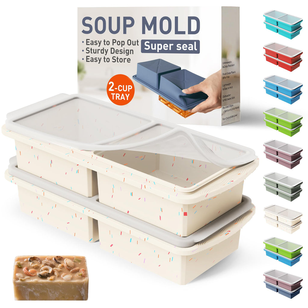 Silicone Freezer Tray with Lid Soup Freezer Container Molds with Steel Reinforced Rim for Freezing Soup Sauce Broth Leftovers large Ice Cube Molds Oven Dishwasher Safe Ice Trays for Freezer with Bin