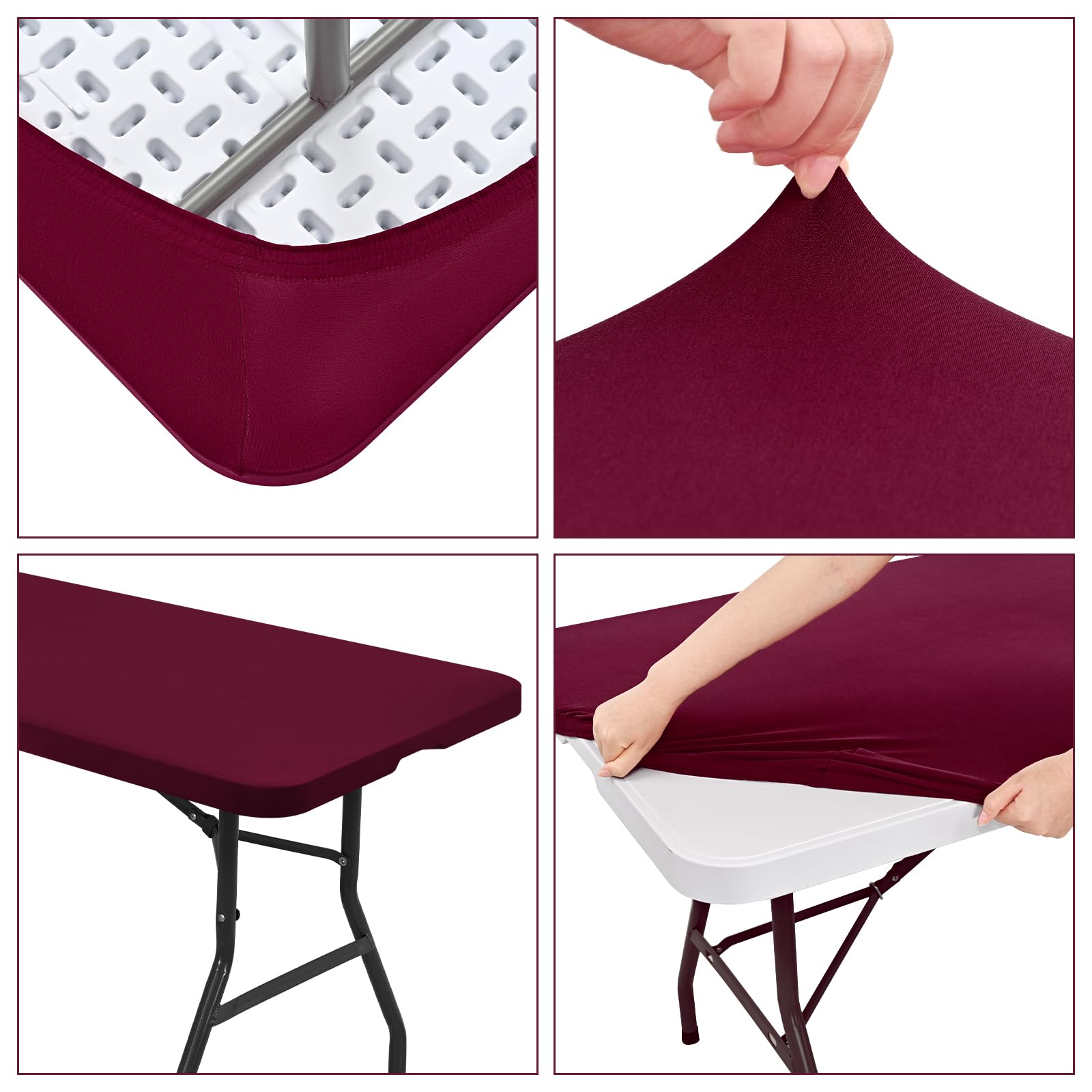 REWOMC 6 Pack Stretch Fabric Table Top Cap Cover, fits 8' Tables, Spandex Table Covers Washable Elastic Rectangle Tablecloth Protector for Indoor Outdoor Party Picnic Wedding, Wine Red, 30" W x 96" L