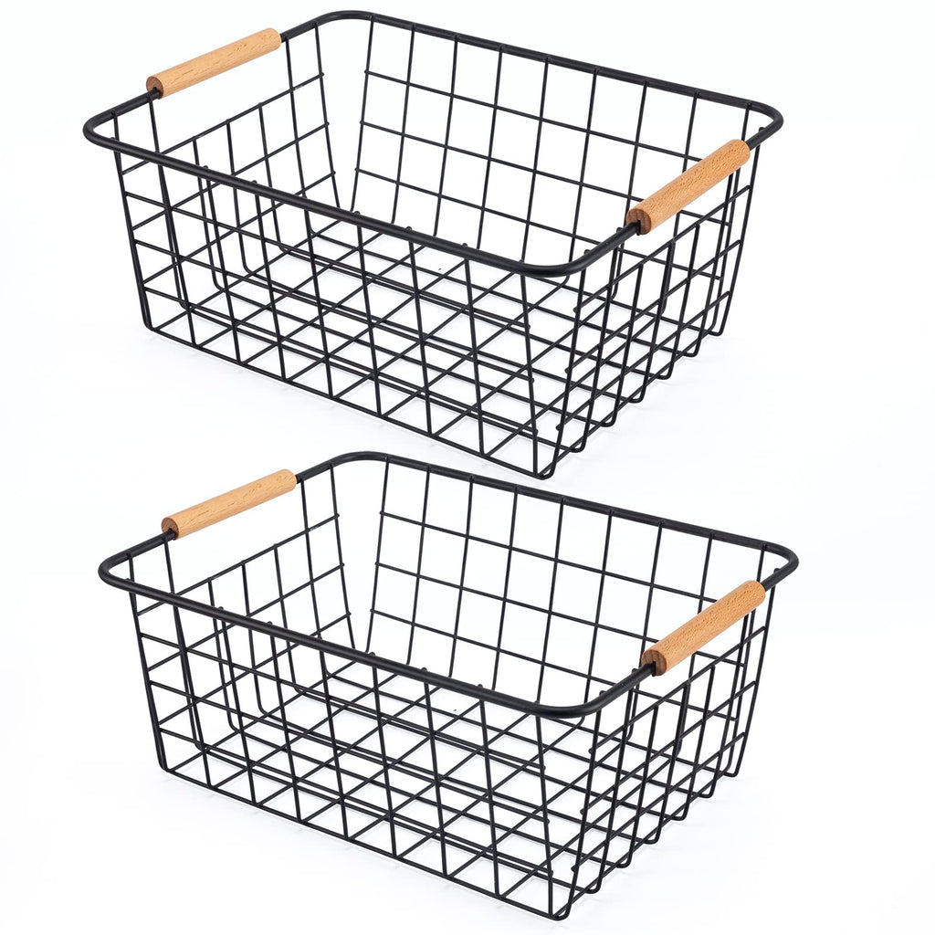 Black 2PCS Wire Storage Baskets with Wooden Handles for Pantry Organizer
