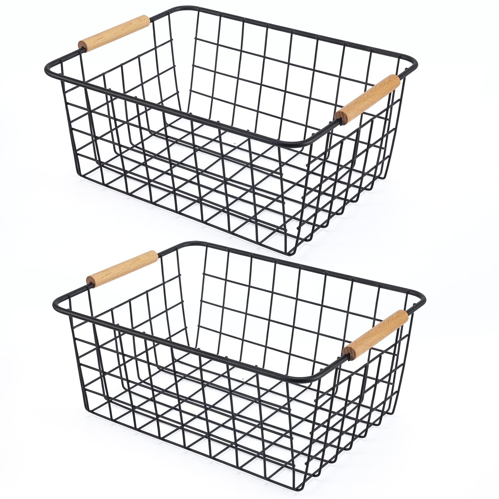 Black 2PCS Wire Storage Baskets with Wooden Handles for Pantry Organizer