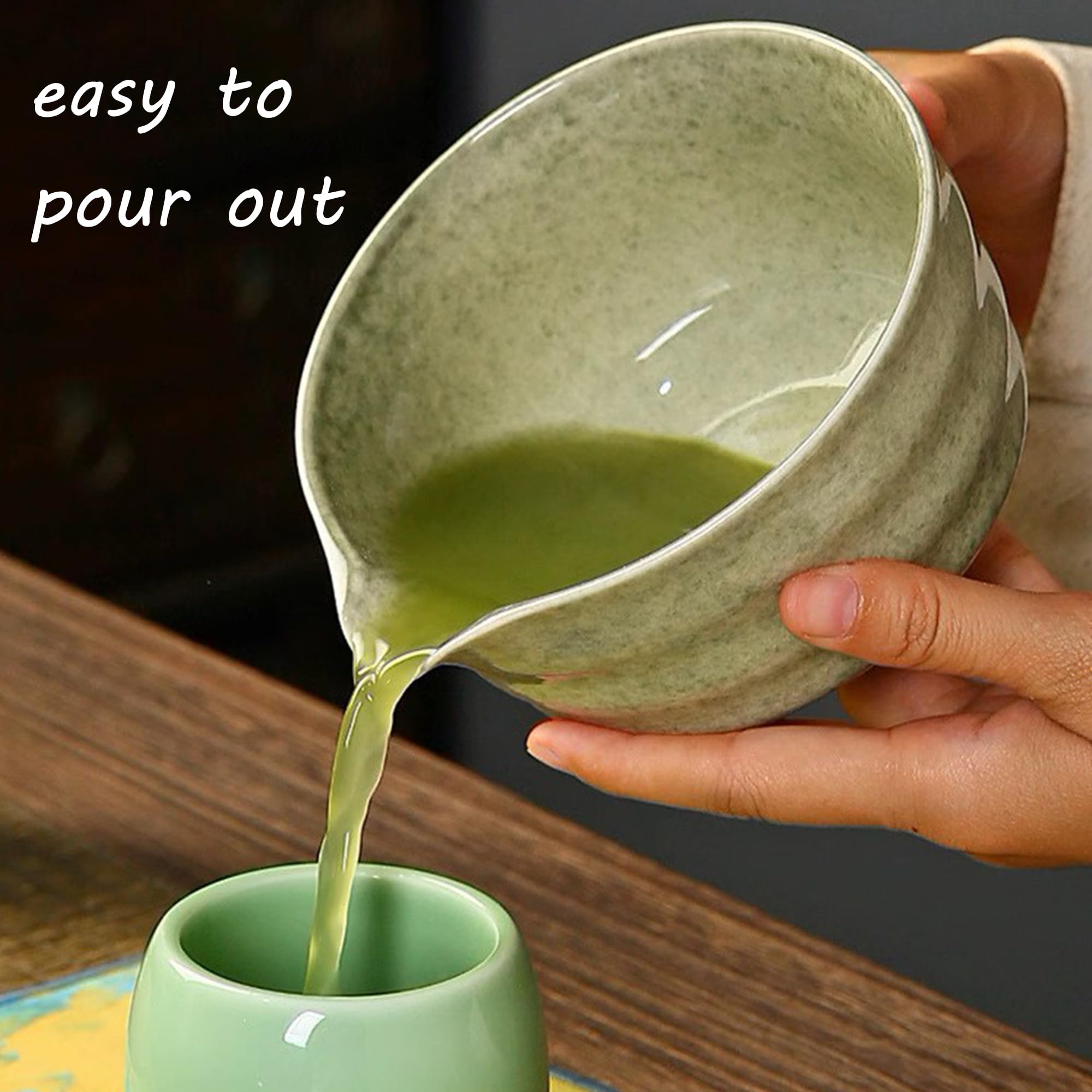 Matcha Whisk Set, Matcha Bowl with Spout, Matcha Whisk and Holder, Bamboo Matcha Scoop and Stainless Steel Sifter - 5 Pcs Mottled Green Kit Gift for Birthday Christmas