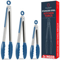 Kitchen Tongs - 12, 9 & 7 Inch Locking Silicone Tongs for Cooking, Set of 3