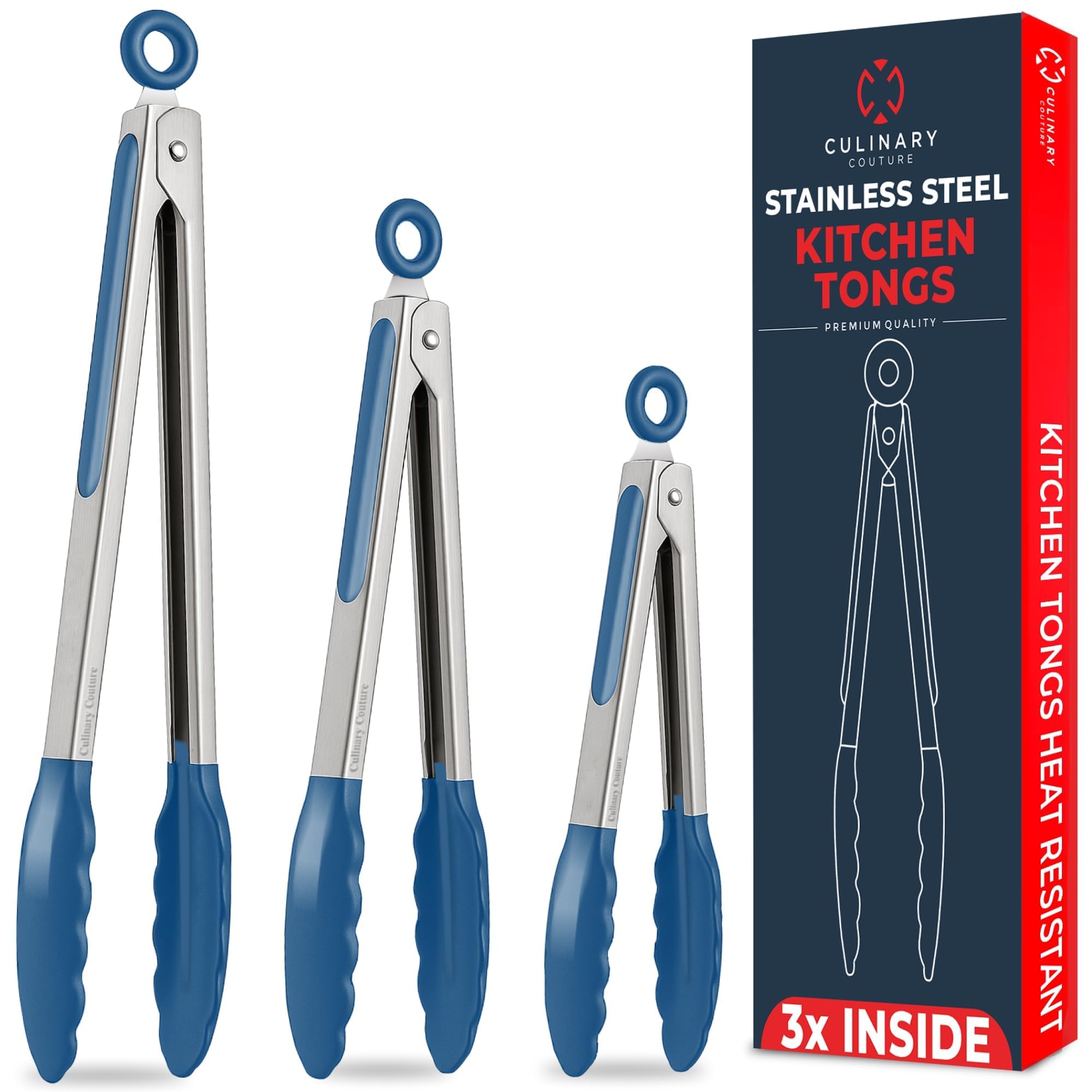 Kitchen Tongs - 12, 9 & 7 Inch Locking Silicone Tongs for Cooking, Set of 3