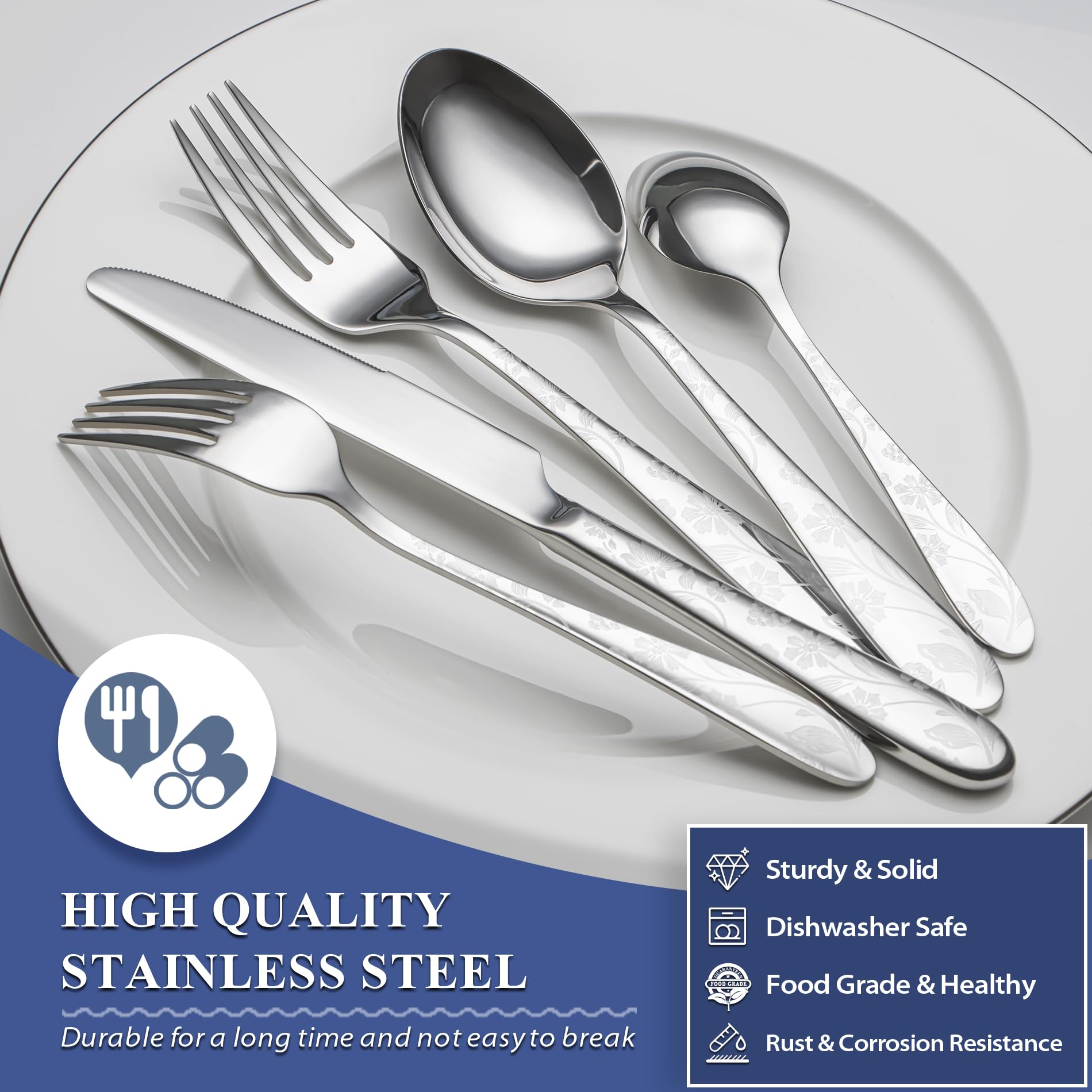 40 Piece Silverware Set Service for 8, EIUBUIE Premium Stainless Steel Cutlery Set, Mirror Polished Flatware Sets with Pattern Handle, Modern Kitchen Eating Utensils Sets Include Spoons Forks Knives