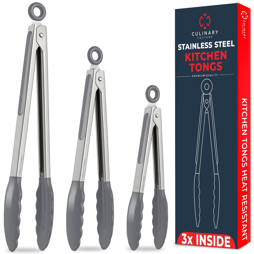 Kitchen Tongs - 12, 9 & 7 Inch Locking Silicone Tongs for Cooking, Set of 3