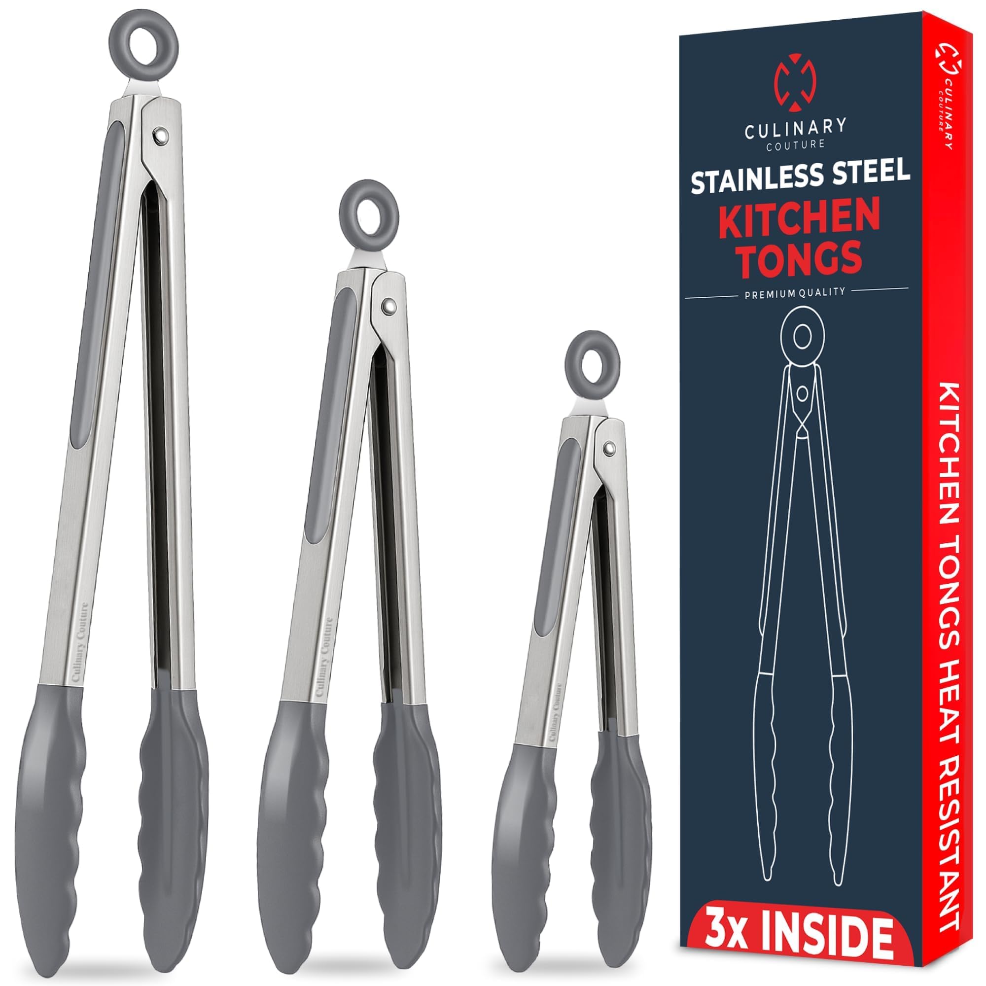 Kitchen Tongs - 12, 9 & 7 Inch Locking Silicone Tongs for Cooking, Set of 3