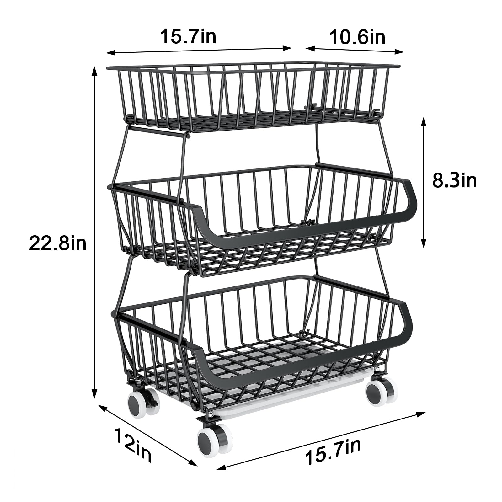 3-Tier Rolling Pantry Floor Organizer, Stackable Pantry Storage Cart with Wheels, Metal Wire Pantry Baskets, Kitchen Fruit Basket Stand, Vegetable Storage Rack for Fruits Snacks Onions Potatoes,1 Pack