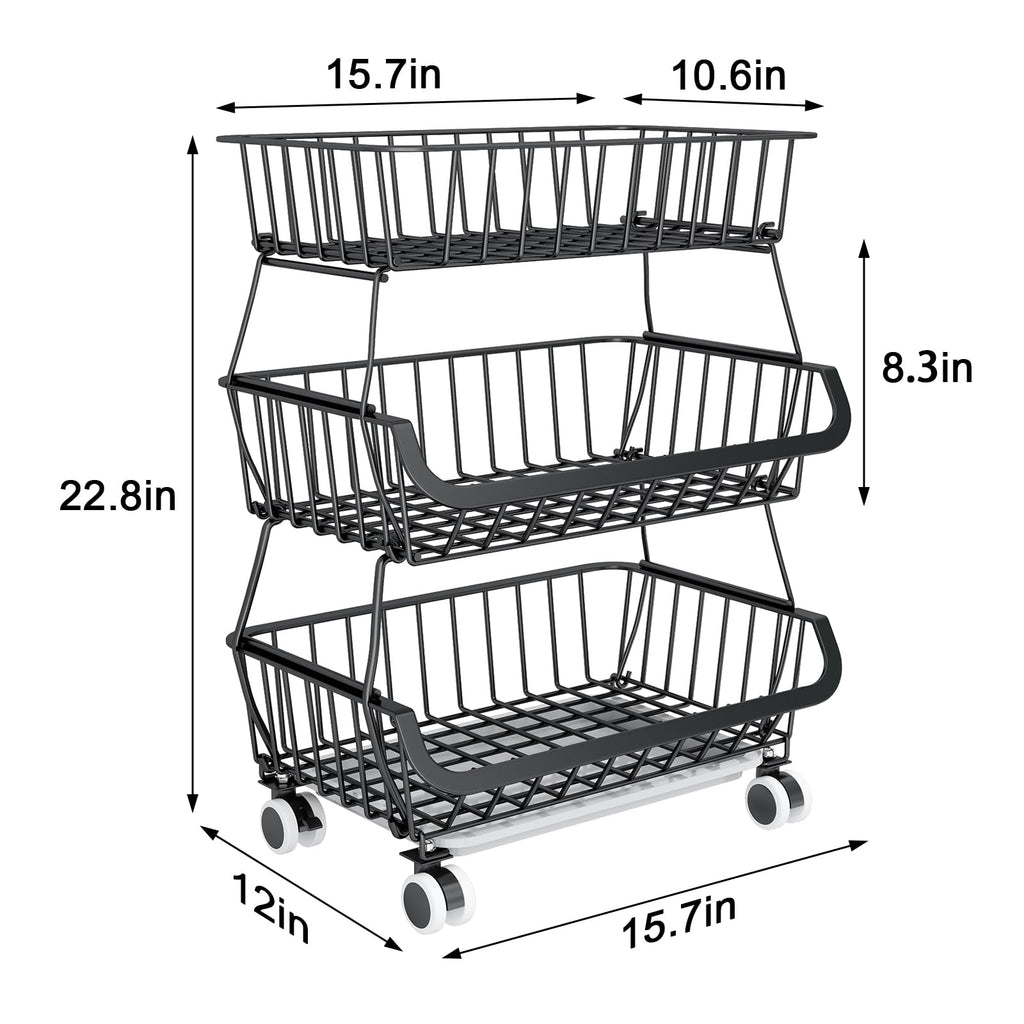 3-Tier Rolling Pantry Floor Organizer, Stackable Pantry Storage Cart with Wheels, Metal Wire Pantry Baskets, Kitchen Fruit Basket Stand, Vegetable Storage Rack for Fruits Snacks Onions Potatoes,1 Pack