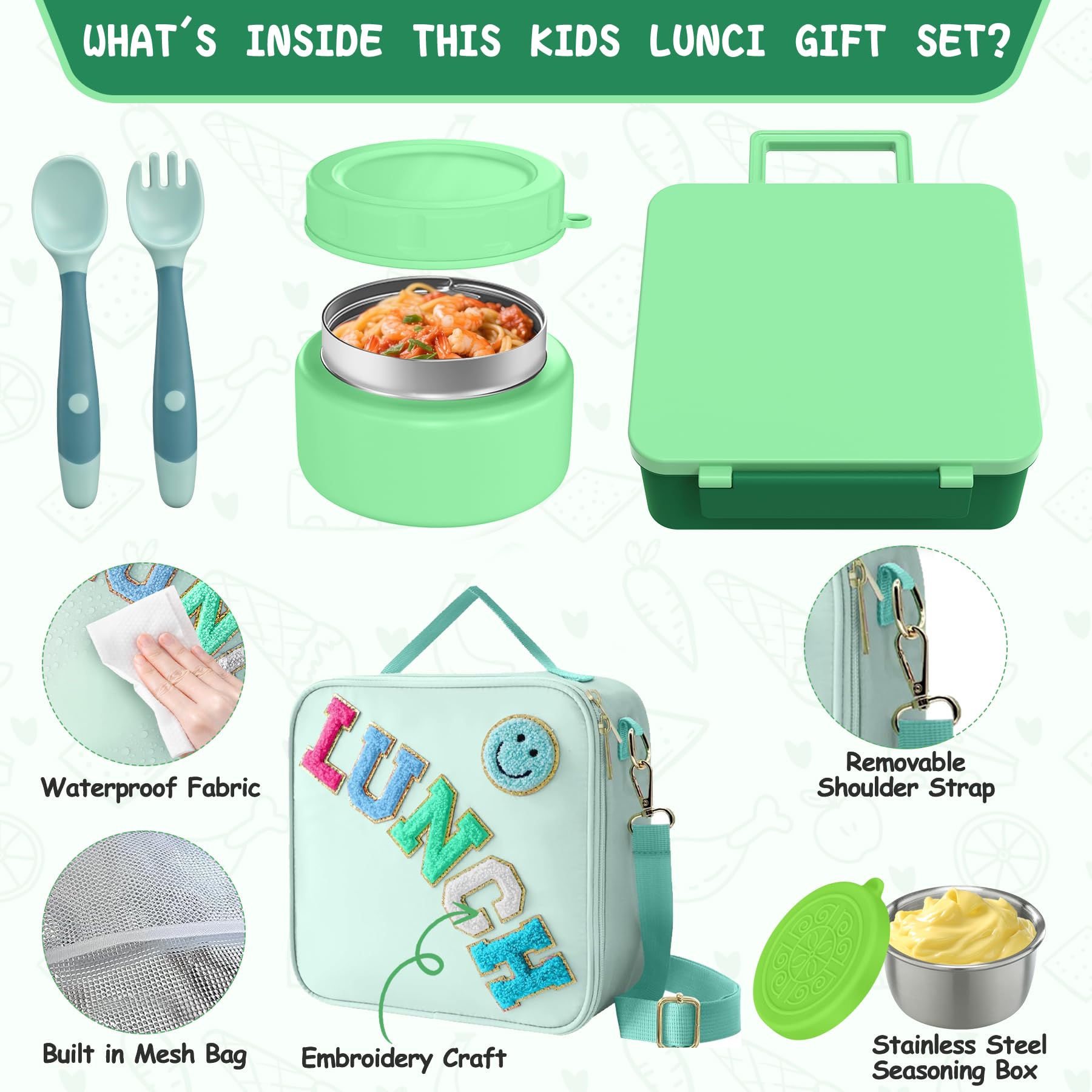 Aimsnk Lunch Box Kids with Thermo Insulated Lunch Bag for School, Green
