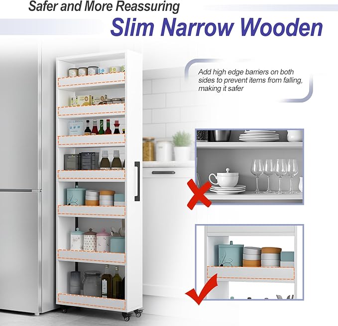 7-Tier Slim Storage Cart, Wooden Rolling Pantry Cabinet with Wheels, Narrow Shelf Organizer for Kitchen, Bakers Rack, Dining Room, Closet, Small Spaces Warm White 73.2''H*7.8''W*19.6''D